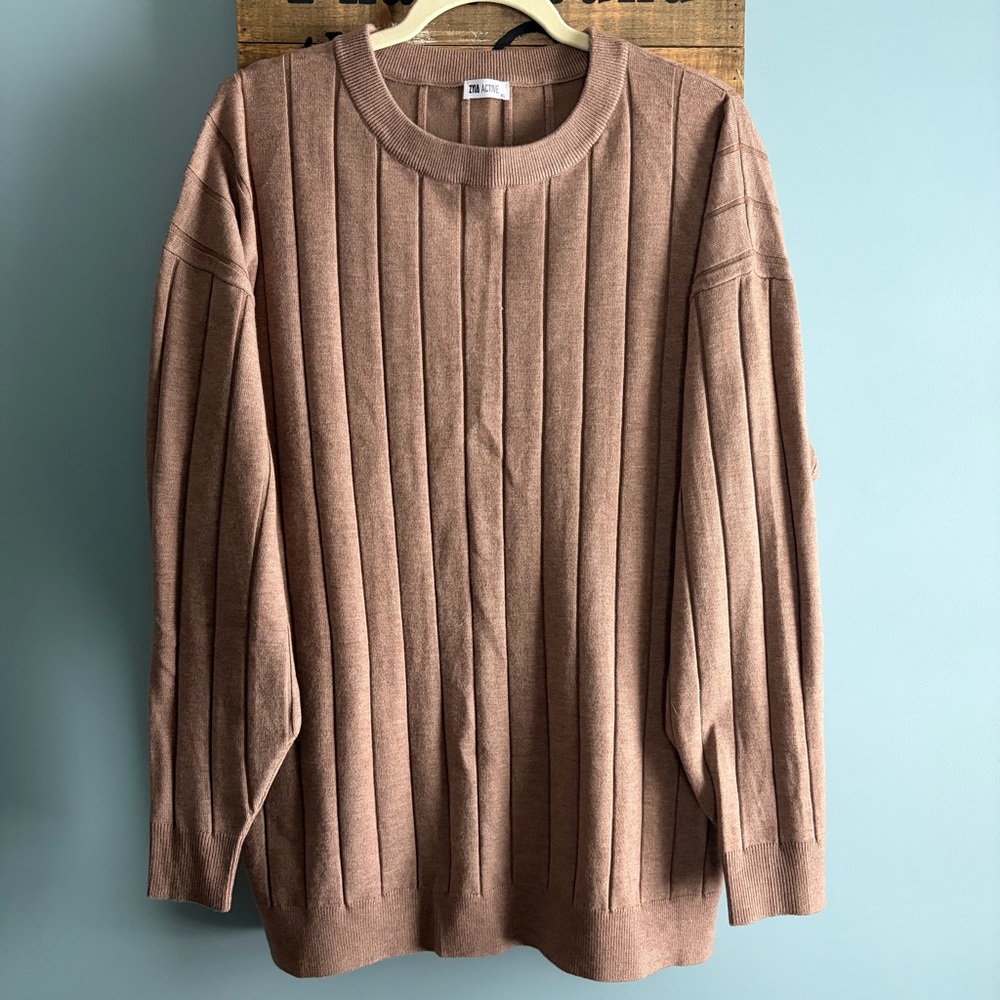 ZYIA Active Women's Mocha Elodie Ribbed Sweater Stretch Crew Neck Pullover